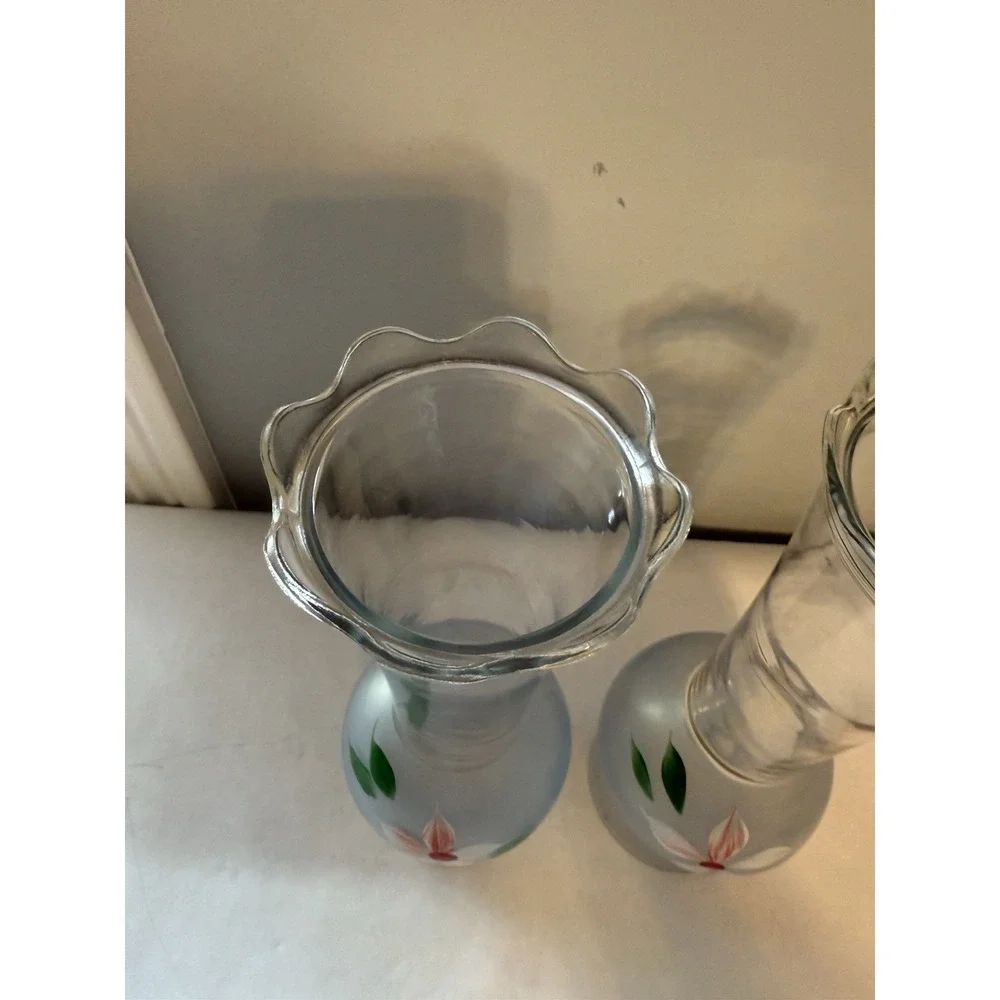 Pair Of 2 Bartlett Collins Vintage Clear - Frosted Glass Vases Hand Painted 9
